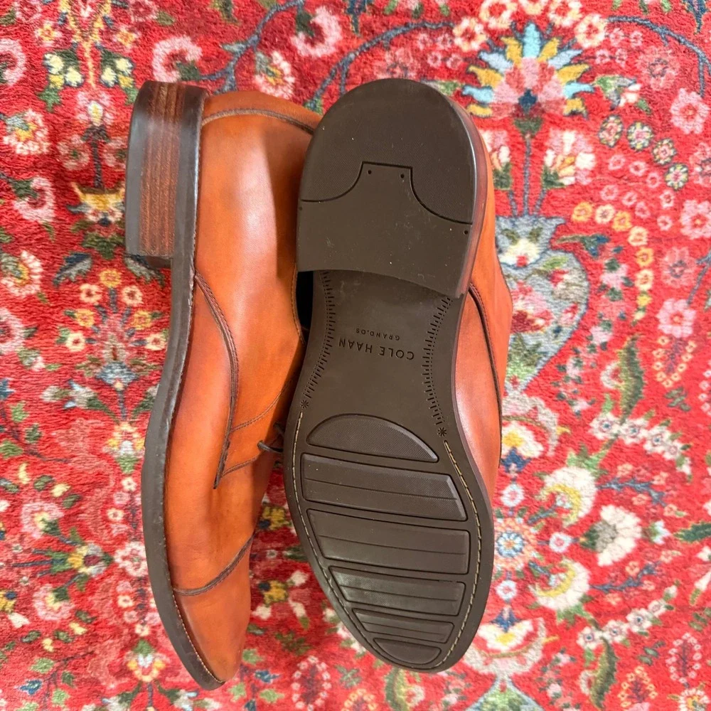 Cole Haan Grand.OS Oxford Men 10 Cognac Tan Preppy Cap Toe Leather Derby